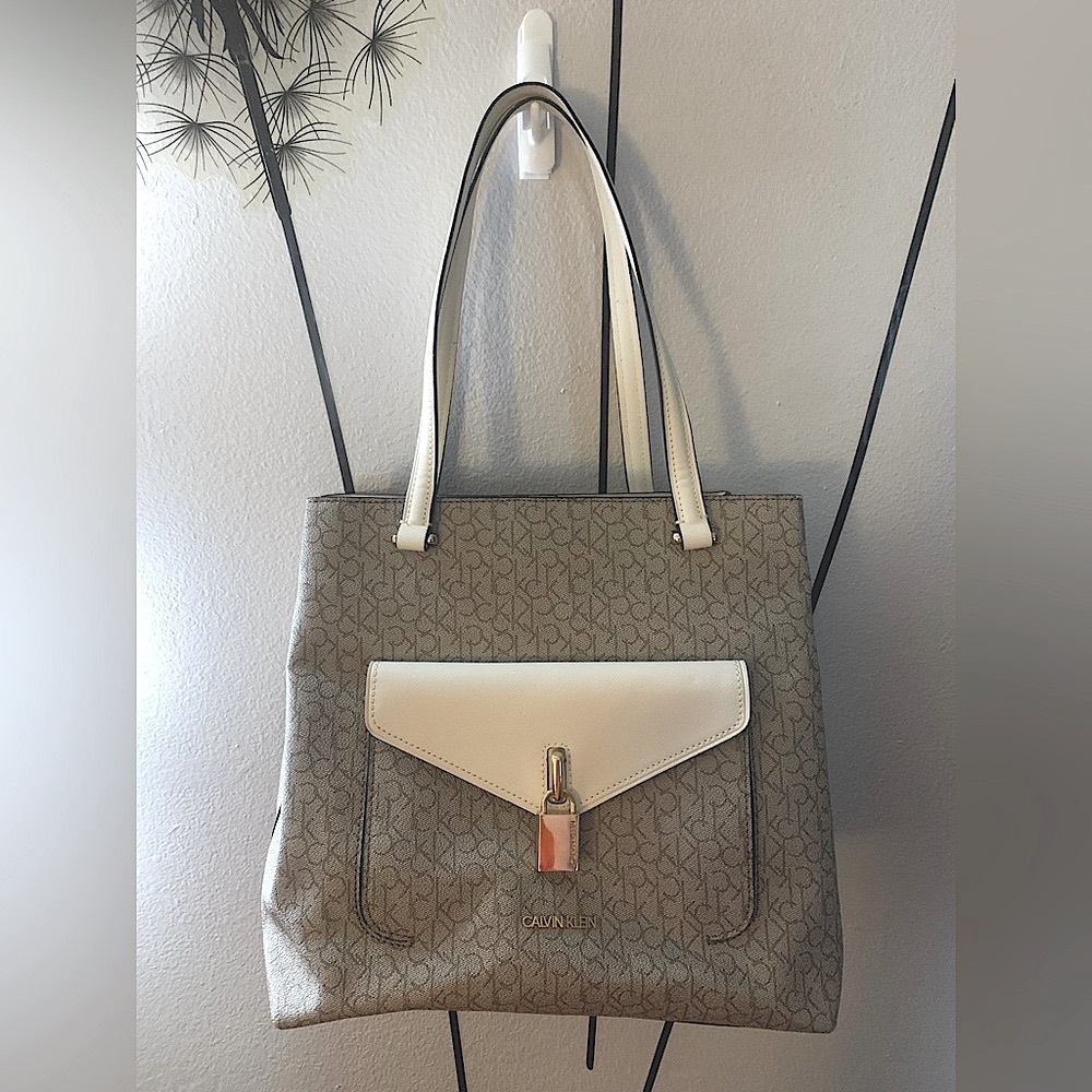 Calvin Klein Signature Beige & Cream Dual Handle Tote Bag Great Condition